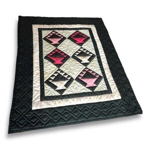 Vintage Black/Pink Basket Pattern Hand-stitched Amish Wallhanging Quilt
